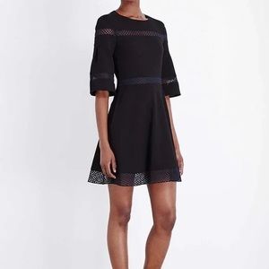 Maje Black Crepe Dress w/Bell Sleeves, Navy Embroidered Sheer Detailing& Pockets